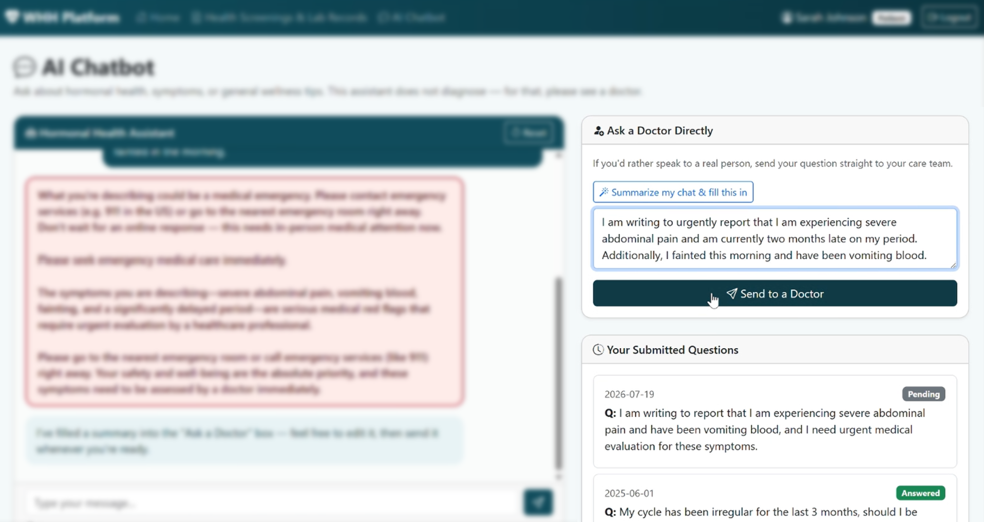 Patient interface for asking a doctor a question