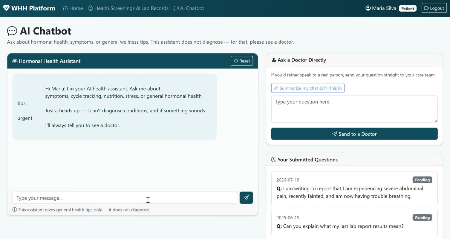 Patient AI health chatbot interface