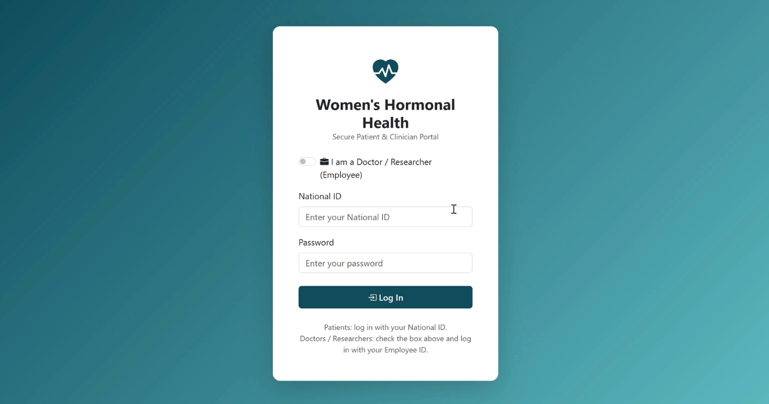Application login page for patient and staff access