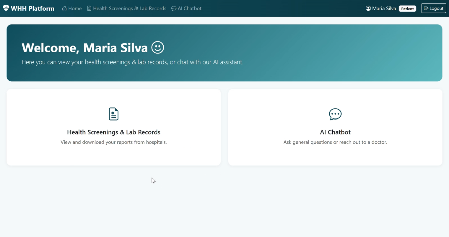 Patient homepage with health records and AI chatbot access