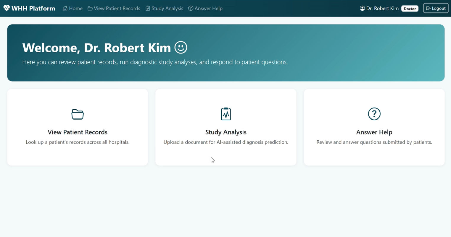 Staff homepage with patient records, study analysis and patient help requests