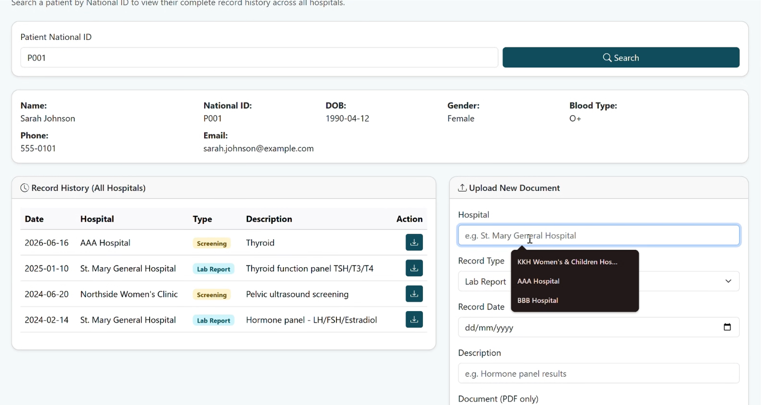 Staff interface for searching and reviewing patient records