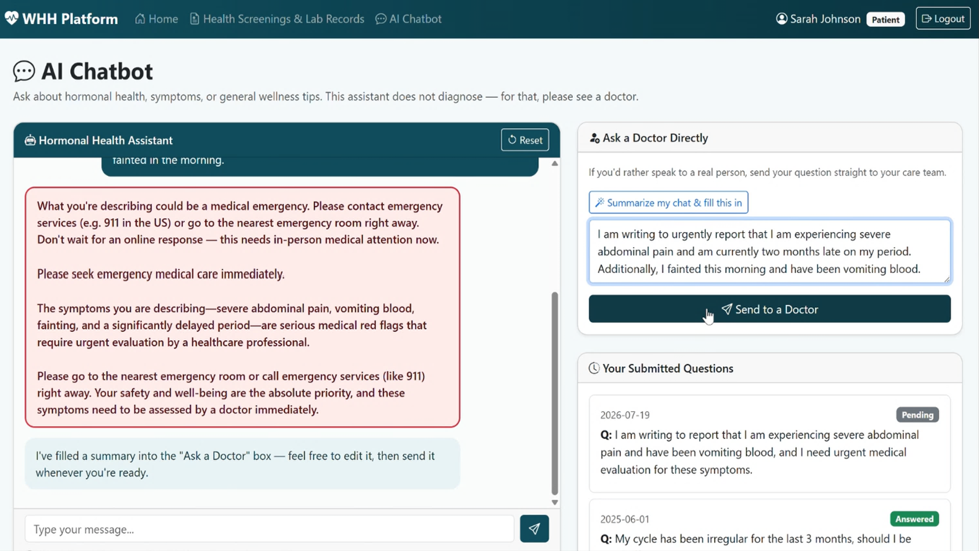 Developed for the 6th Hack-Nation Global AI Hackathon, this healthcare platform combines ensemble machine learning and clinical rule-based analysis to support PCOS and thyroid dysfunction assessment, alongside shared health records, role-based patient and staff workflows, and an AI chatbot with safety escalation for clinical concerns.