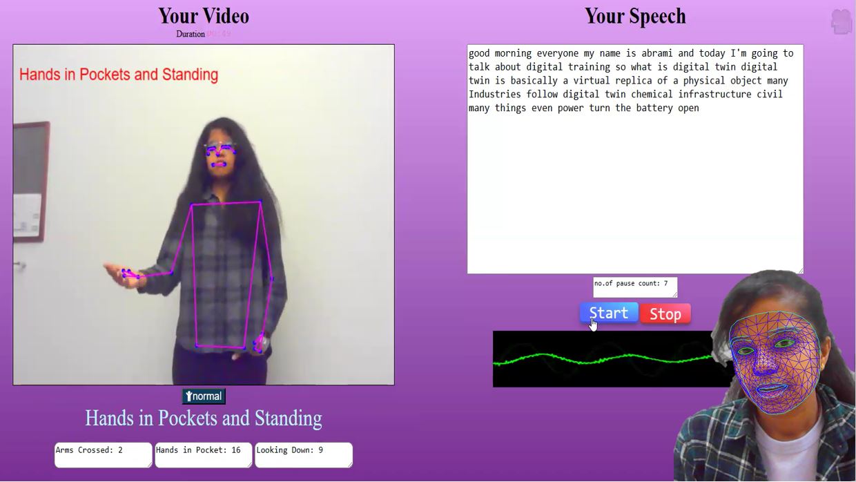 Built an application, to analyse and improve users' presentation skills. The application tracks body posture, detects common speech habits and body pose gestures done during presentations, and provides live feedback on body language. After recording, users can review and download their video, audio, and speech transcript, make quick edits, and generate improved versions of their speech based on preferences like fluency, length, or formality. Using generative AI It also generates potential audience questions and provides a detailed performance report summarizing the presentation with actionable advice for improvement.